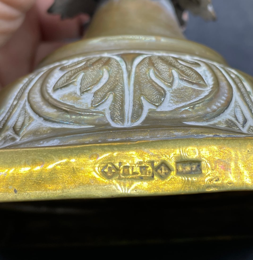Pair Antique Ornate Brass Candlesticks with Makers Mark - 5