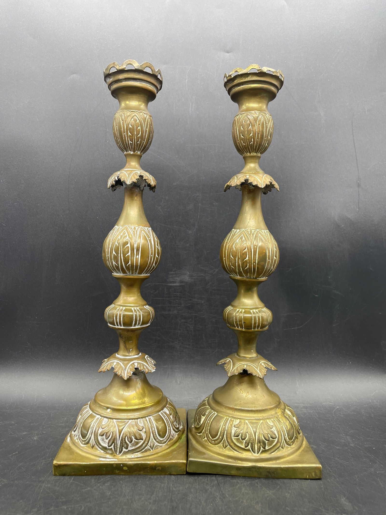 Pair Antique Ornate Brass Candlesticks with Makers Mark - 6