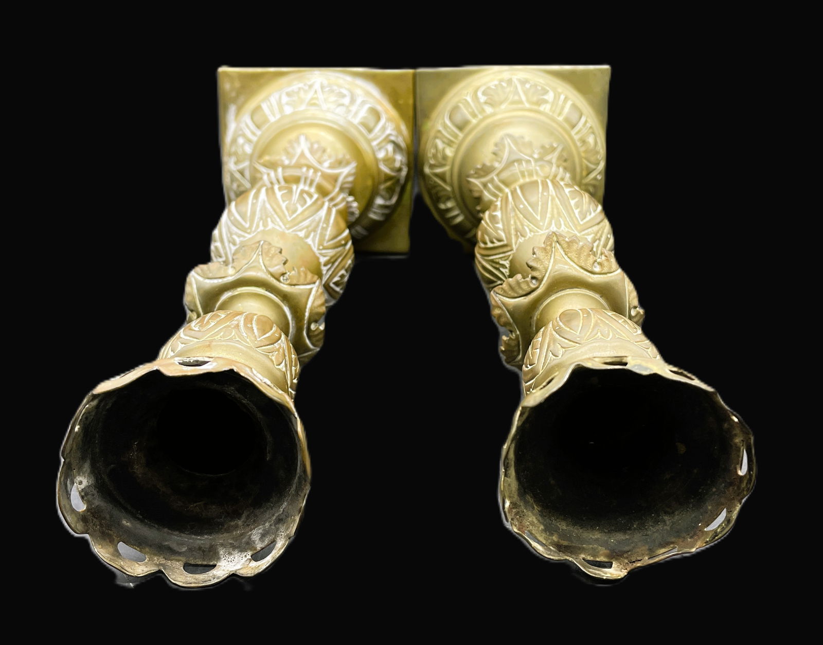 Pair Antique Ornate Brass Candlesticks with Makers Mark - 7