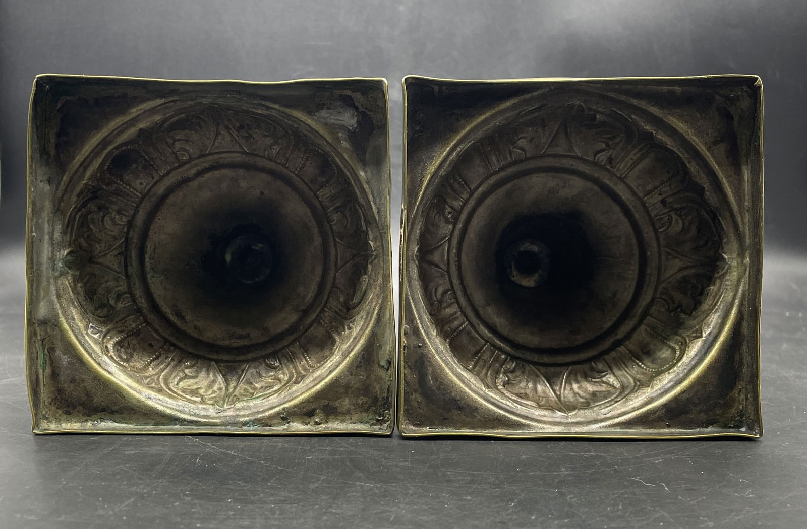 Pair Antique Ornate Brass Candlesticks with Makers Mark - 8