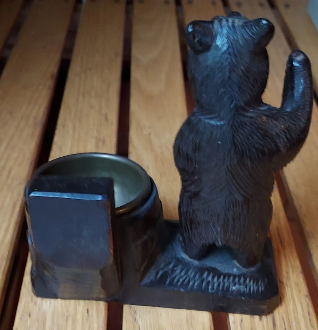 Antique Wood Carved Folk Art Black Forest Bear match holder change - 2