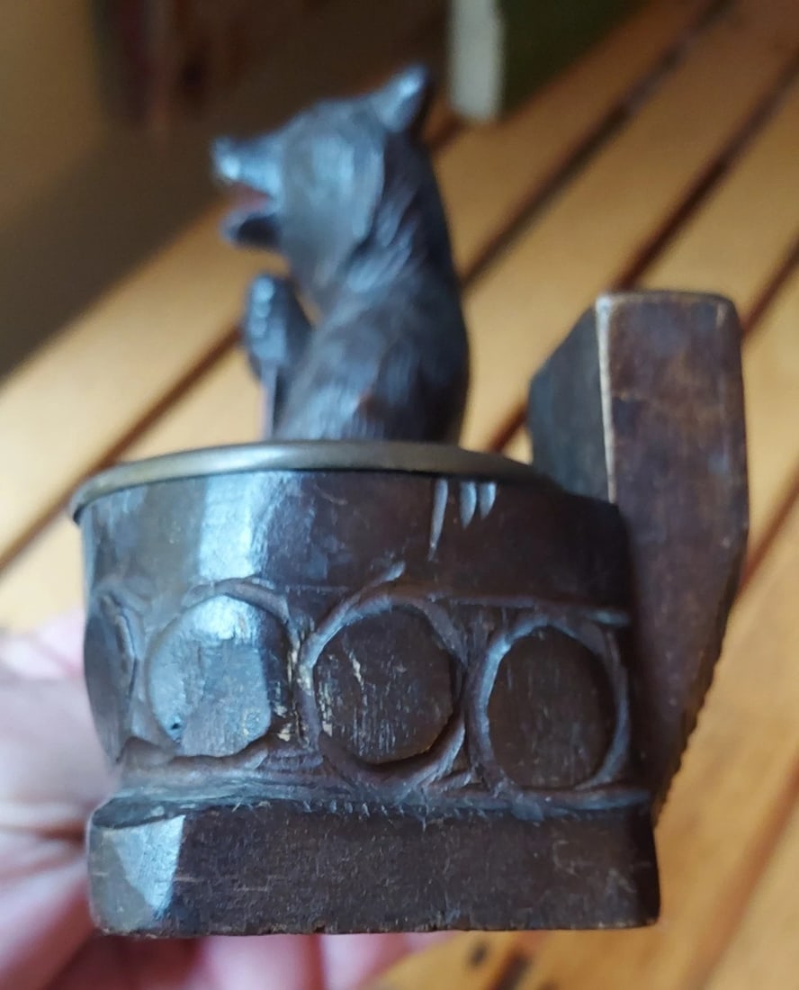 Antique Wood Carved Folk Art Black Forest Bear match holder change - 3