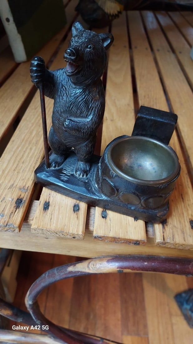 Antique Wood Carved Folk Art Black Forest Bear match holder change - 5