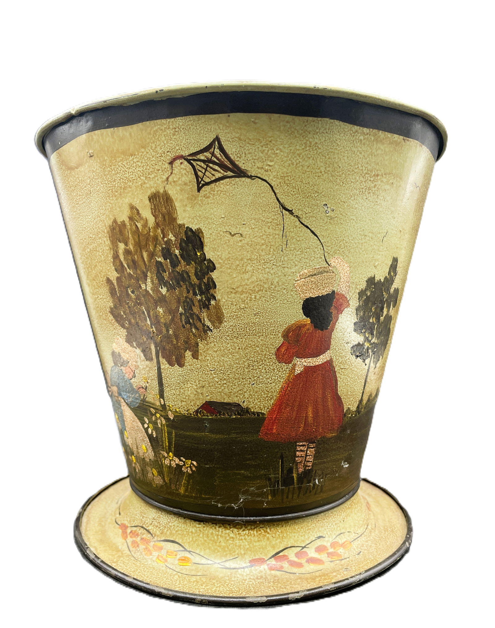 Primitive Folk Art Painted Metal Bucket Vintage Scene Girl w Kite SIGNED Elliott: Date/Period: unknown Dimension: Approx. 9.5" tall x 9" bottom diameter x 10" top diameter Material: metal Additional Information: This vintage painted metal bucket features a primitive folk art scene