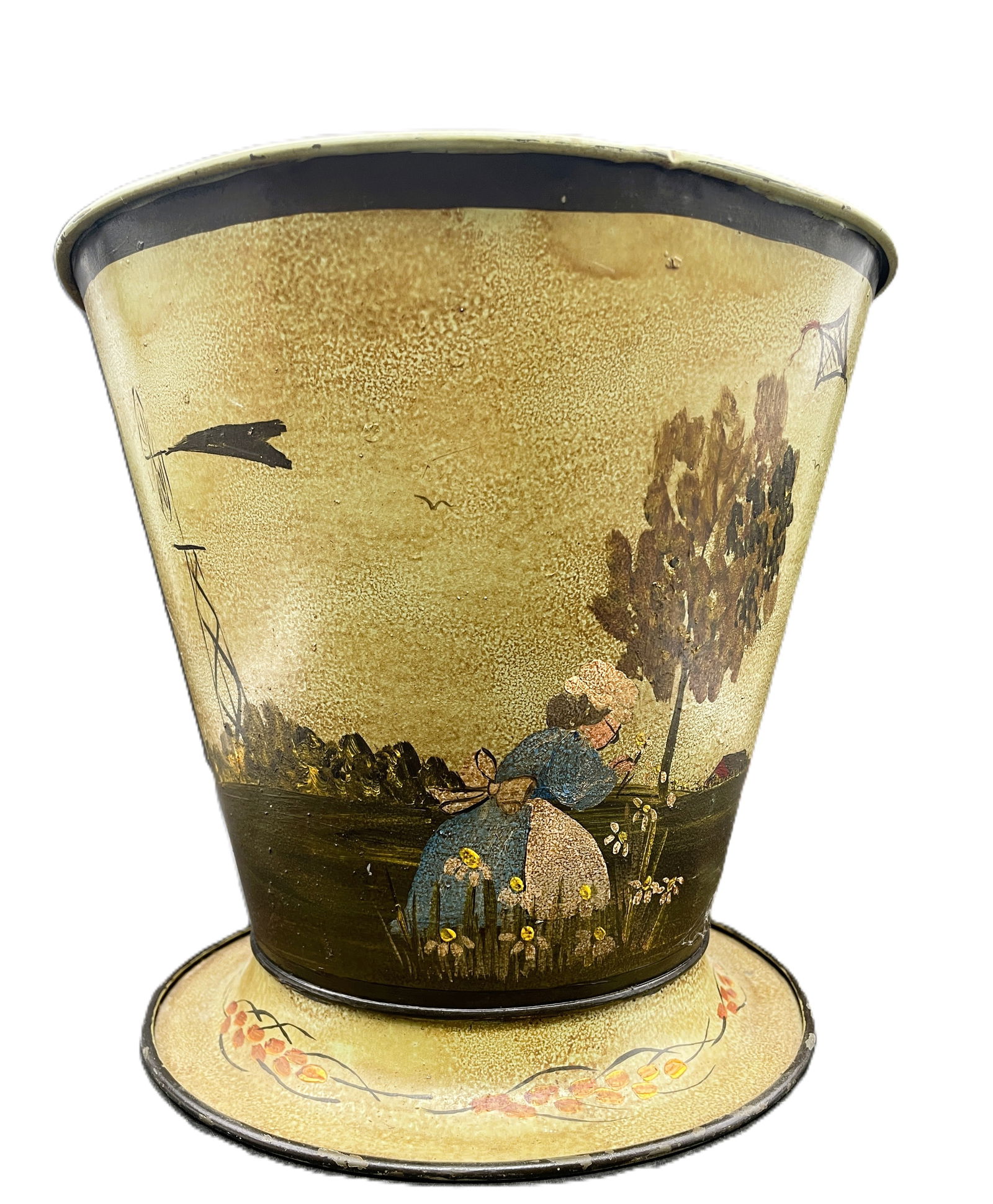 Primitive Folk Art Painted Metal Bucket Vintage Scene Girl w Kite SIGNED Elliott - 2