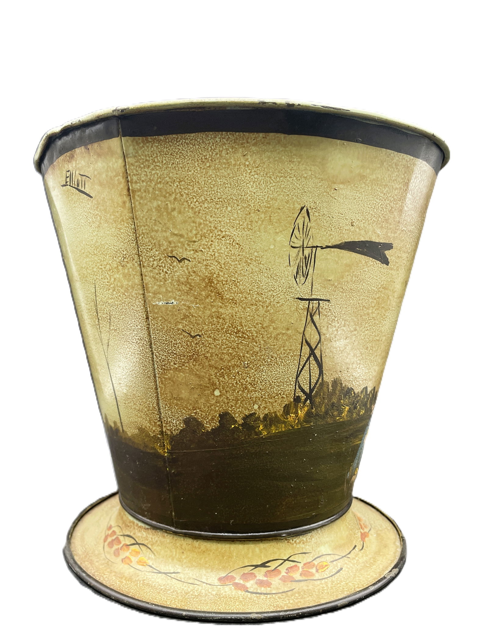 Primitive Folk Art Painted Metal Bucket Vintage Scene Girl w Kite SIGNED Elliott - 3