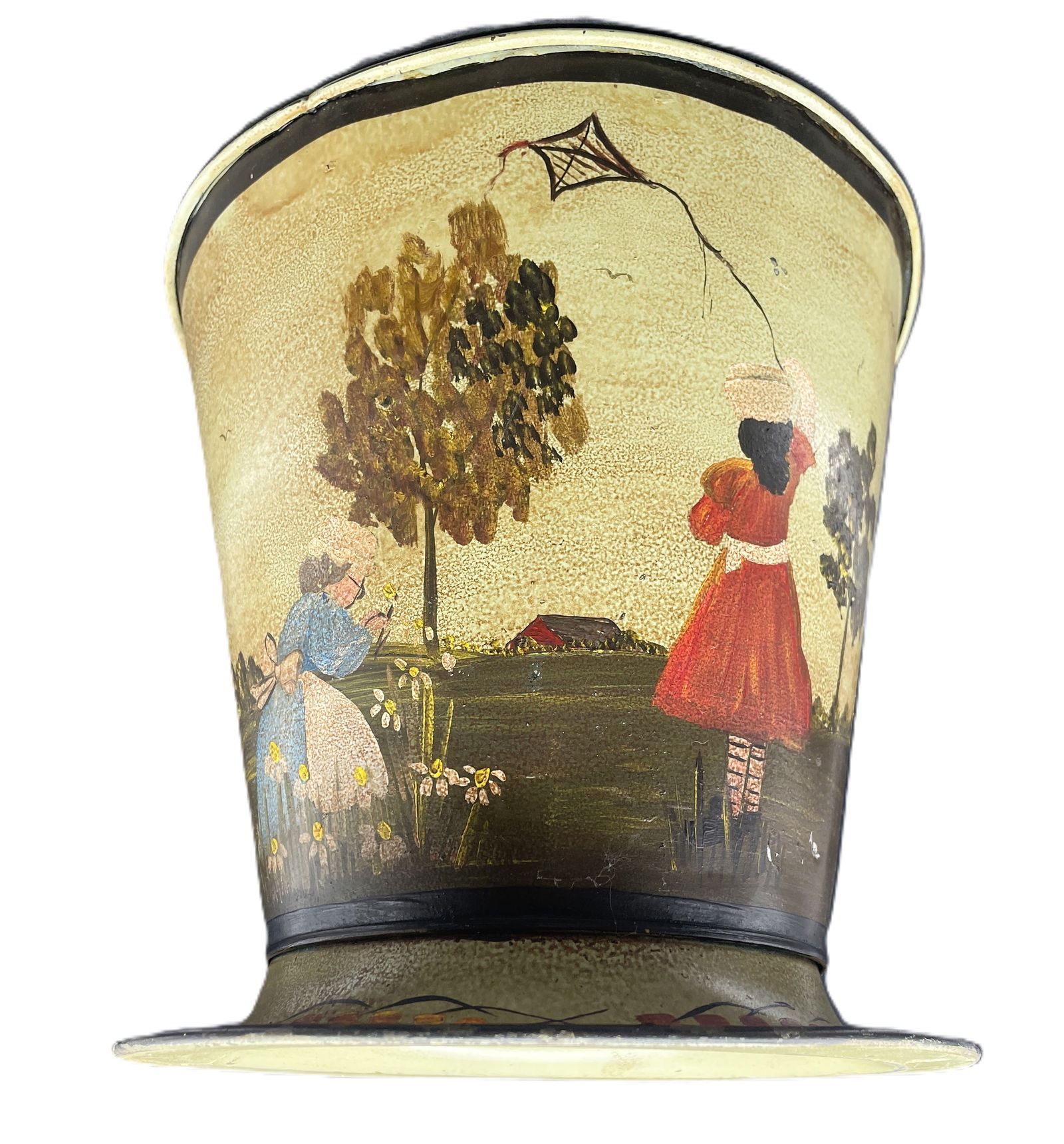 Primitive Folk Art Painted Metal Bucket Vintage Scene Girl w Kite SIGNED Elliott - 4