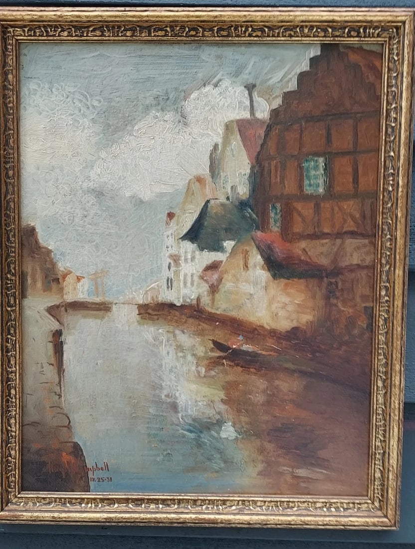 Street oil painting on Board Venice 1920 signed Hugh Campell Christmas 1938: Great looking piece in excellent condition. Love the colors and scene. Attributed to Hugh Campbell of NJ 1905-1997. Dated 12 25 38. Measures 12 x 15" plus frame Shipping charges include insurance. BID