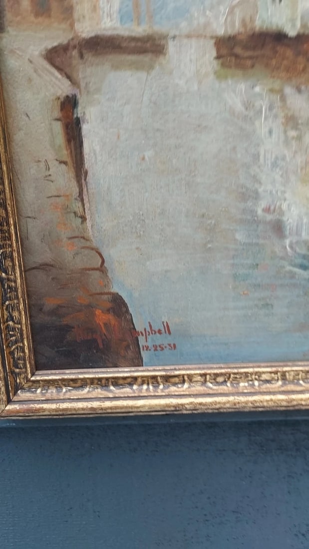 Street oil painting on Board Venice 1920 signed Hugh Campell Christmas 1938 - 3