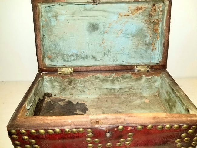 Fine 18th c. red leather covered box with brass tack decoration (1 of 3)
