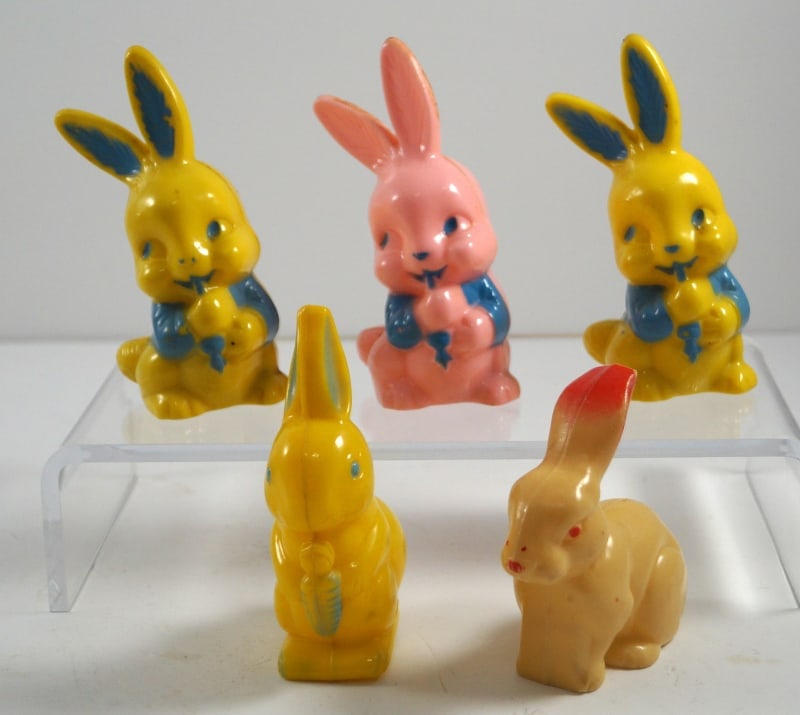 Lot of 5 Easter Rabbit Child’s Rattles: Title: Lot of 5 Easter Rabbit Child’s RattlesDimension: Largest – app. 4” tall x app. 2 1/8” wide.Date: Ca. 1950’s-60’s.Additional Information: Grouping of five