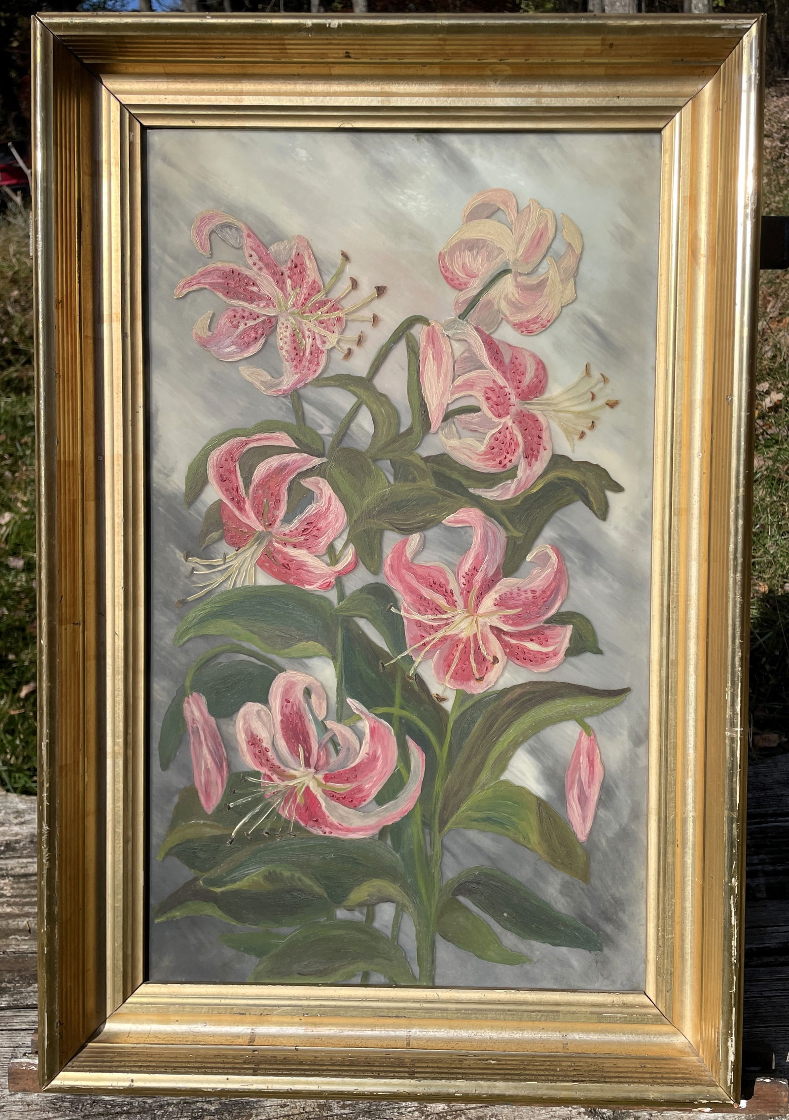 Beautiful Vintage Casablanca Lily Painting Painted on Glass: Date/Period: unknownDimension: Approx. 15.5" x 23.5"Material: tempra or possibly oil on glass with a fabric backerAdditional Information: Beautiful Vintage Casablanca Lily Painting temprea or