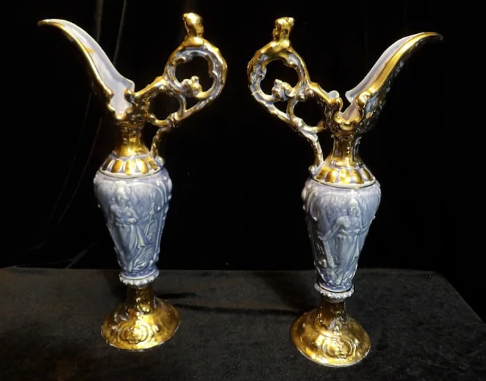 Goldra E Palestine Gold Light Blue Necklace: Vintage Palestine gold-tone necklace featuring light blue beads and a decorative pendant. Shipping:Domestic: Flat-rate of $18.00 to anywhere within the contiguous U.S.International: Foreign shipping