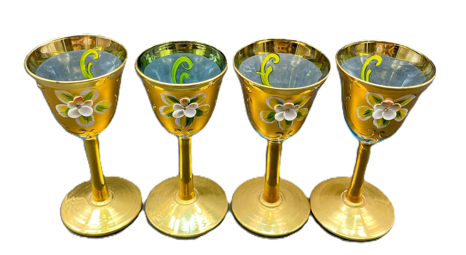 Vintage Murano Venetian Italy AMBER GOLD FLORAL GLASSES - 2