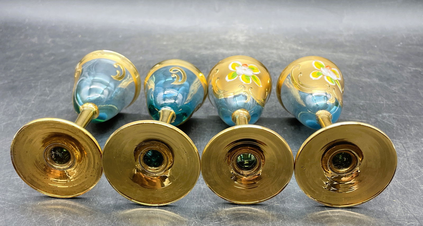 Vintage Murano Venetian Italy AMBER GOLD FLORAL GLASSES - 7