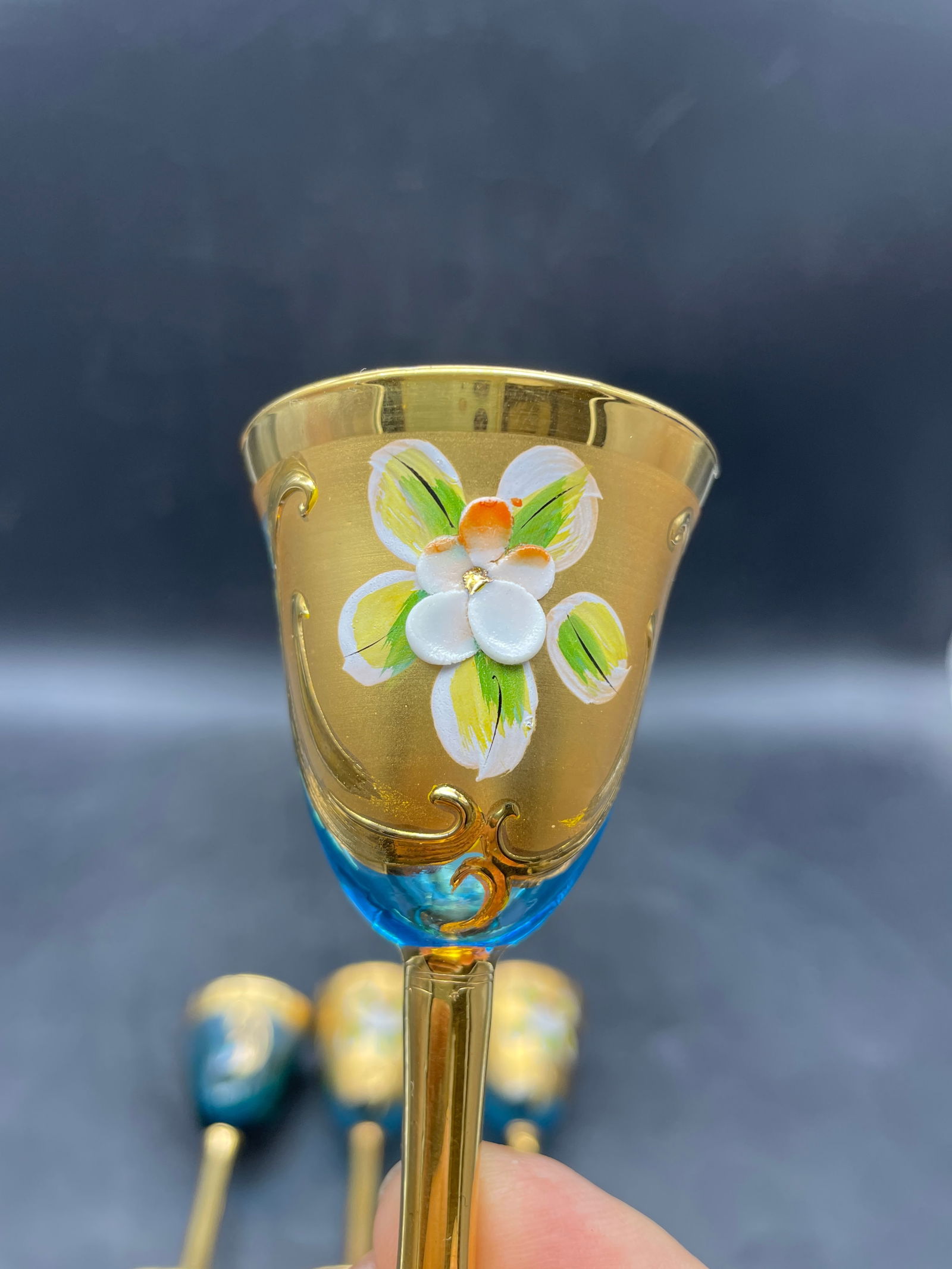 Vintage Murano Venetian Italy AMBER GOLD FLORAL GLASSES - 8