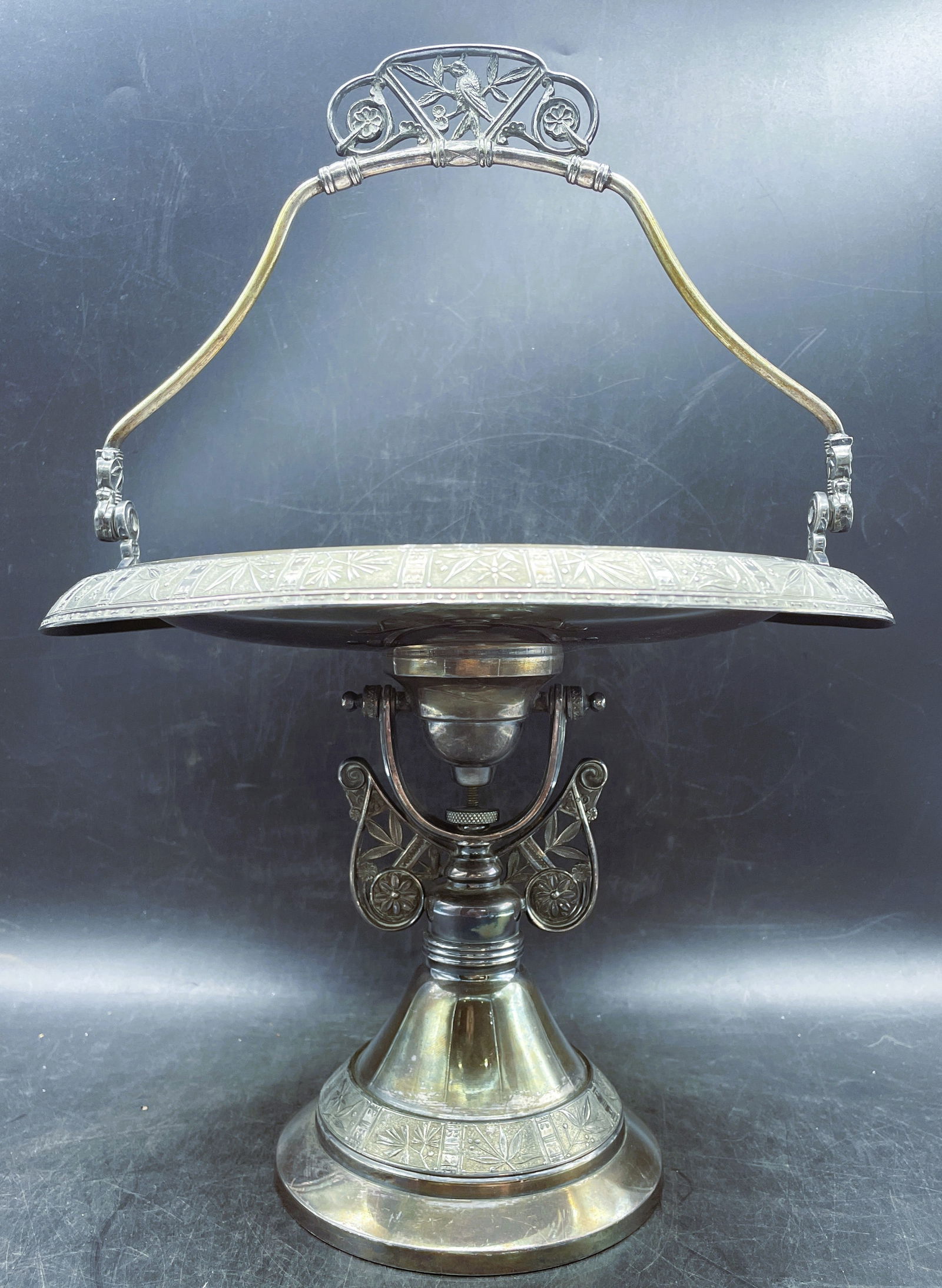 Antique Pairpoint Silver plate Brides Basket Bird Finial Swivel Top: Date/Period: APPROX LATE 1800'S-EARLY 1900'SDimension: Approx. 14" with handle up, 8" with handle down. When tilted its 11.5" Tall and 10.5" diameterMaterial: silver platedAdditional Information: