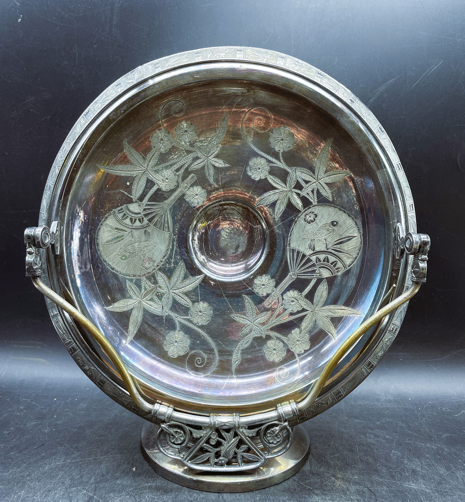 Antique Pairpoint Silver plate Brides Basket Bird Finial Swivel Top - 2