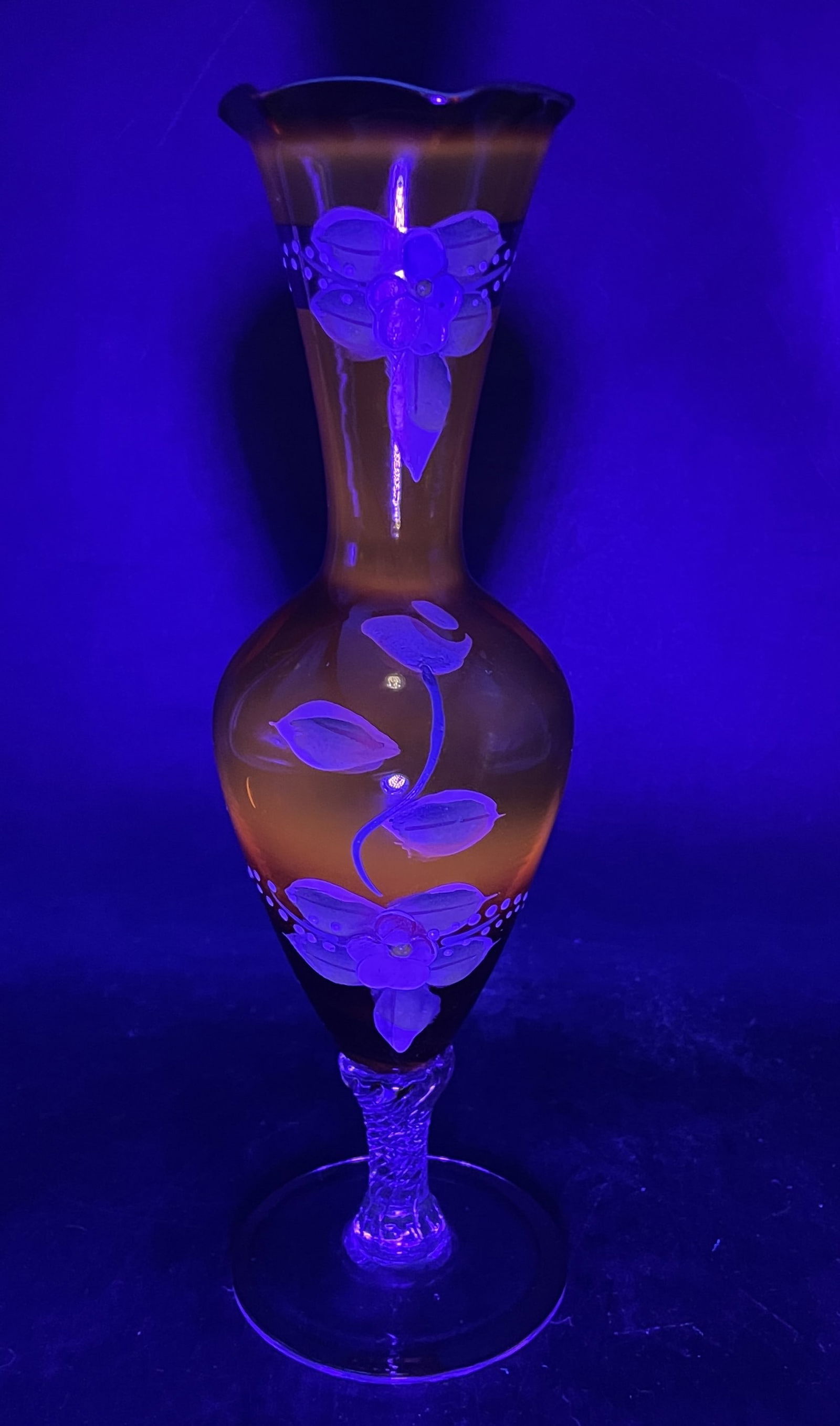 Vintage Czech Bohemian Amber Glass Hand Painted Floral & Gold Bud Vase Beautiful - 2