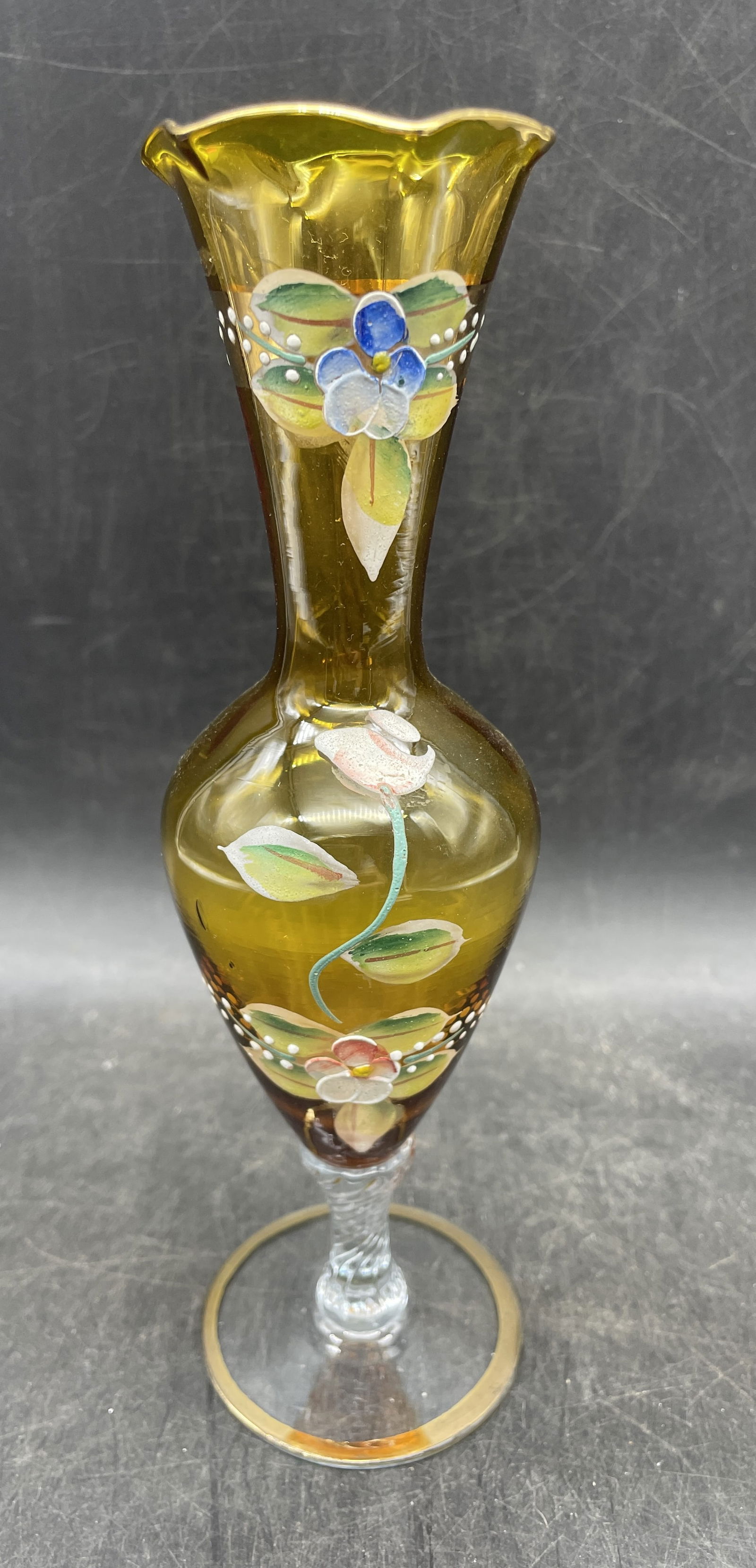 Vintage Czech Bohemian Amber Glass Hand Painted Floral & Gold Bud Vase Beautiful - 3