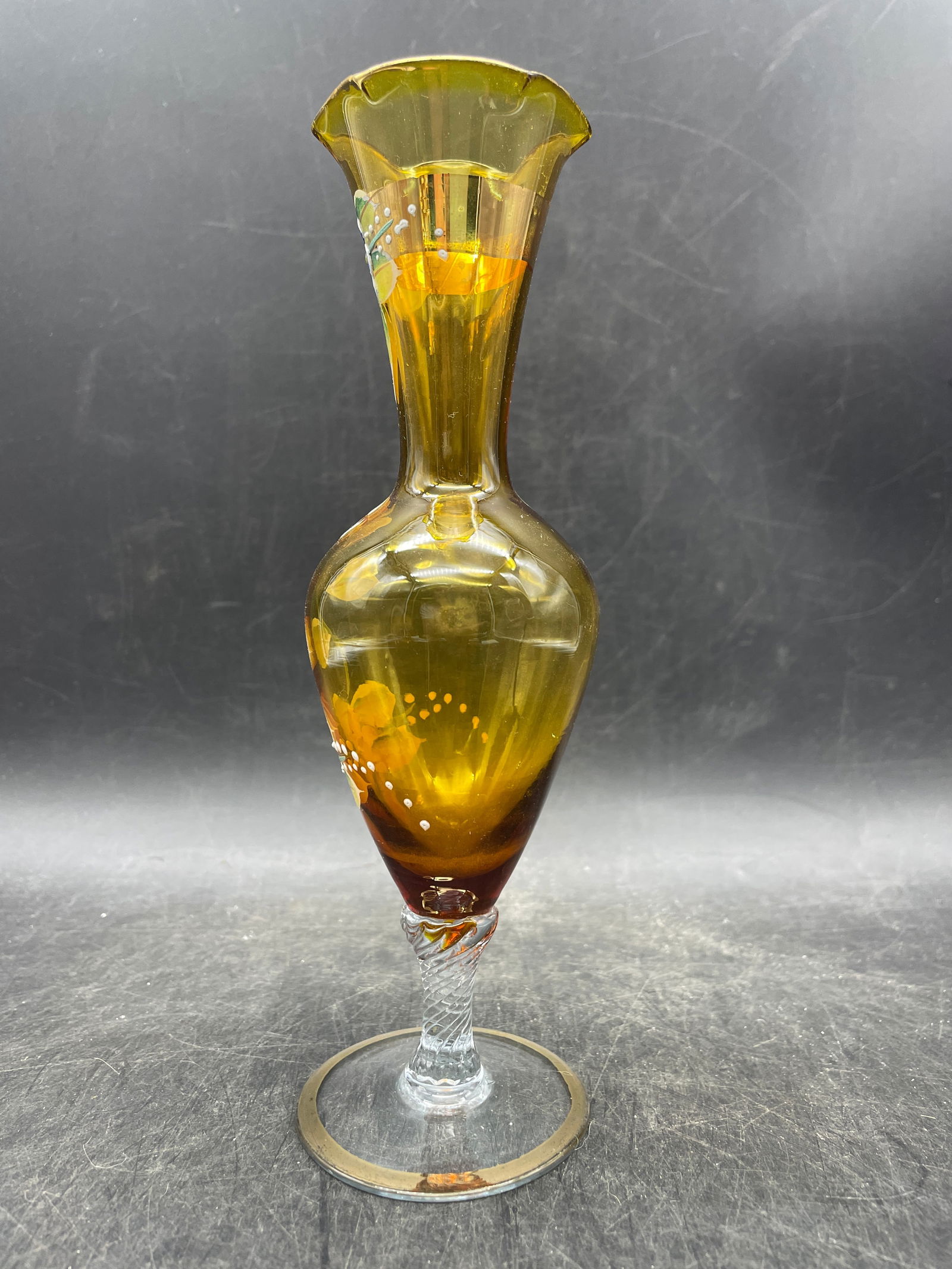 Vintage Czech Bohemian Amber Glass Hand Painted Floral & Gold Bud Vase Beautiful - 4