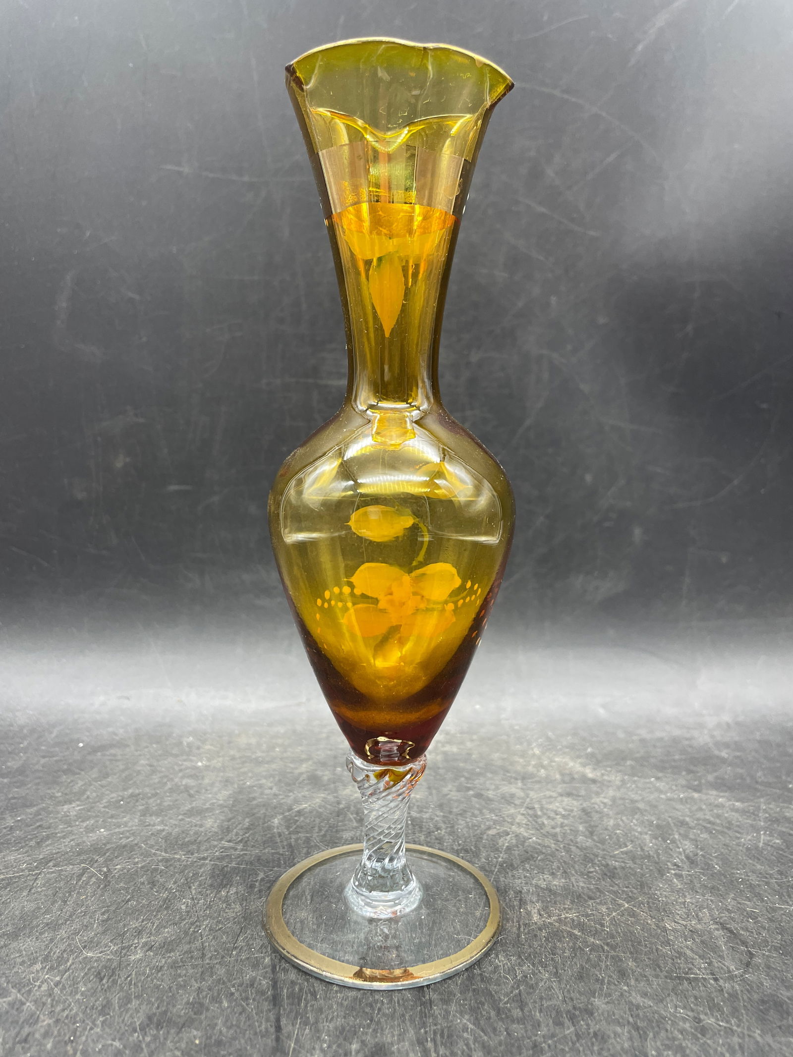 Vintage Czech Bohemian Amber Glass Hand Painted Floral & Gold Bud Vase Beautiful - 5