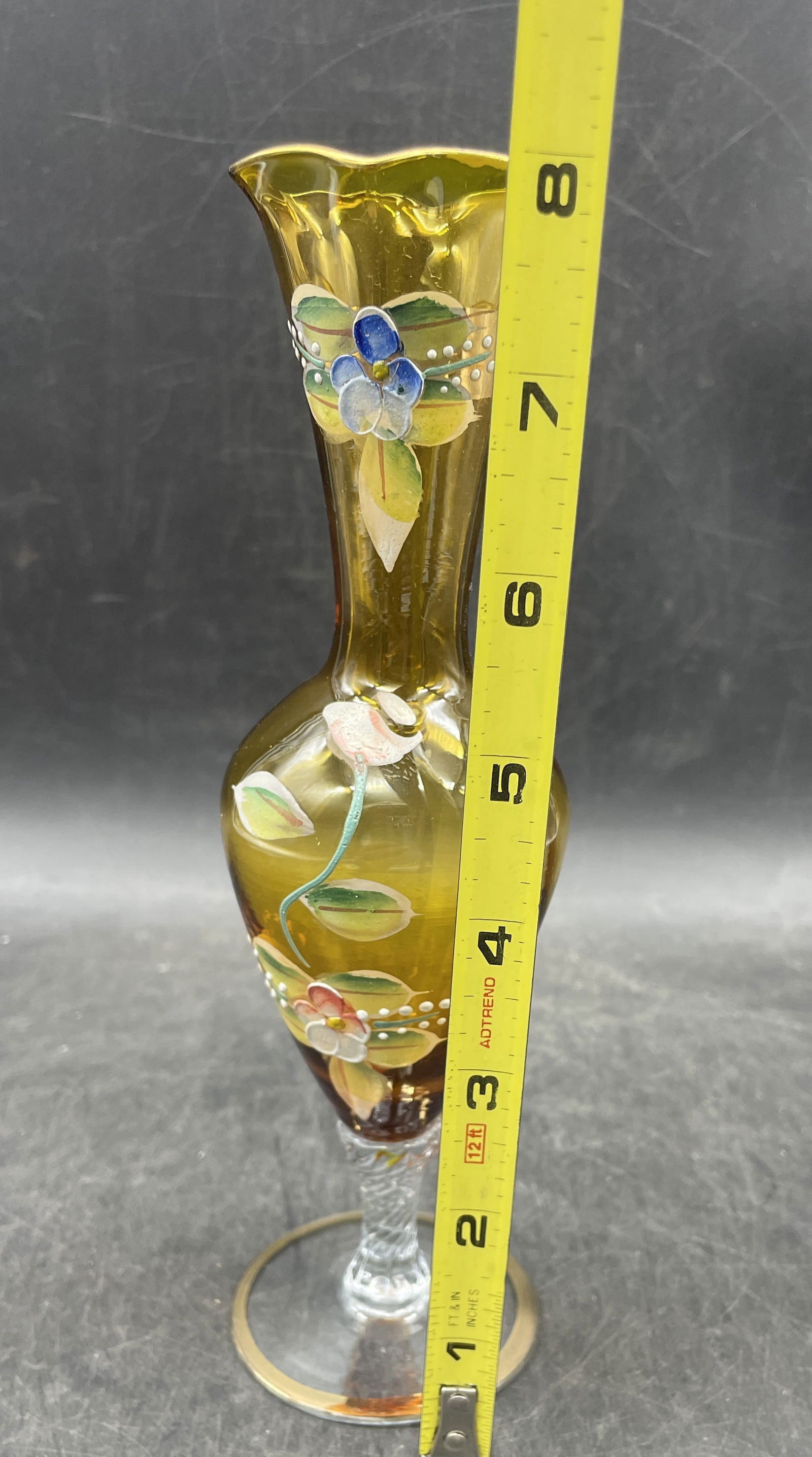 Vintage Czech Bohemian Amber Glass Hand Painted Floral & Gold Bud Vase Beautiful - 8