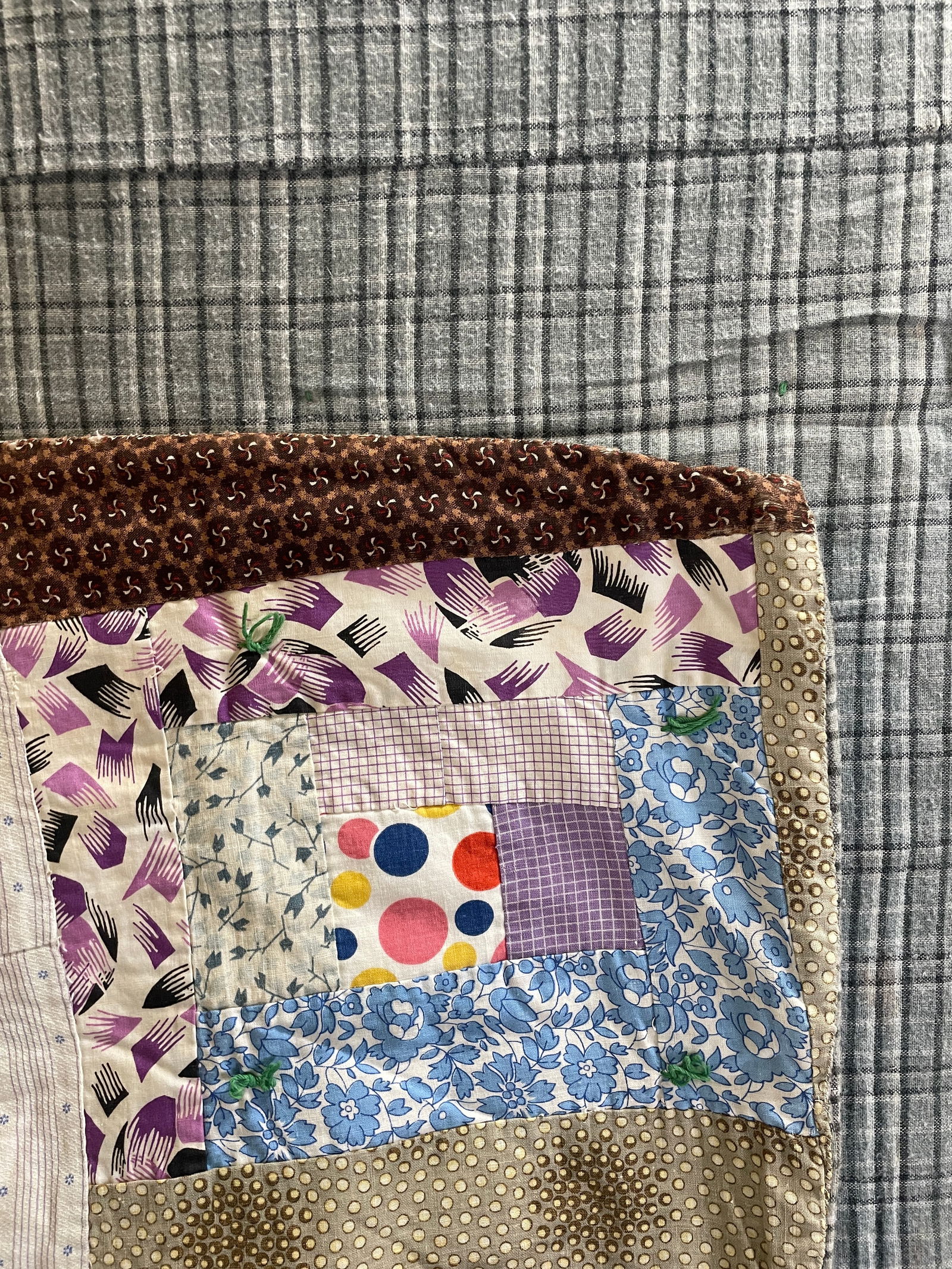 Primitive Quilt 66" x 60" Patchwork with Polka Dot Centers - 7