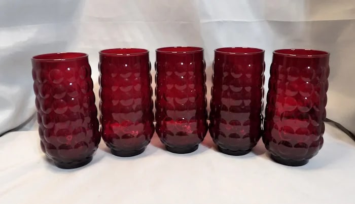 Anchor Hocking Royal Ruby Bubble 16 Oz Tumblers: Large 16 oz drinking tumblers in Anchor Hocking's Royal Ruby glass with the signature bubble texture at the base. Shipping: Domestic: Flat-rate of $20.00 to anywhere within the contiguous U.S. Interna