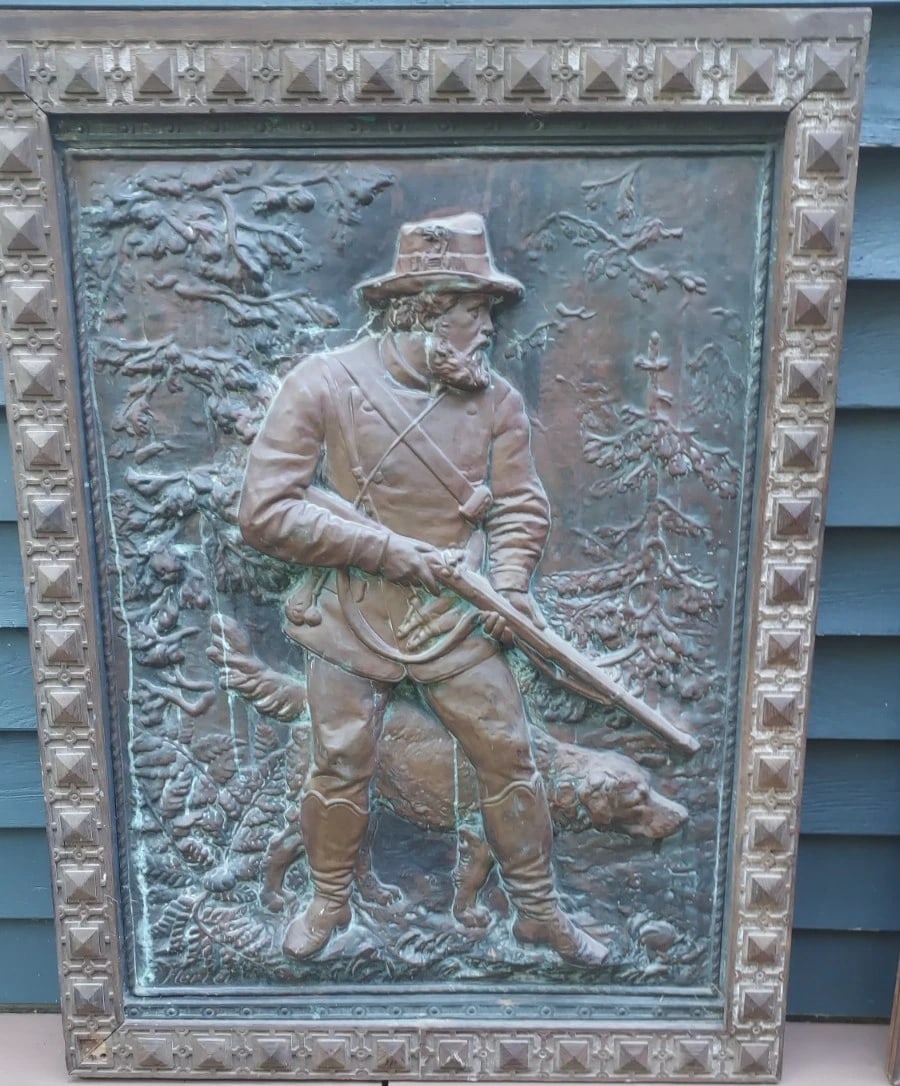 Artist Sculpture Ernst Herter Wall Plaque (1846-1917) Copper Hunter Dog 33 X 44: Great looking piece in very good condition. Excellent detail. Well Listed artist . Piece belongs in a mansion hunting room. Shipping includes insurance.BID WITH CONFIDENCE AS ALL ITEMS ARE GUARANTEED