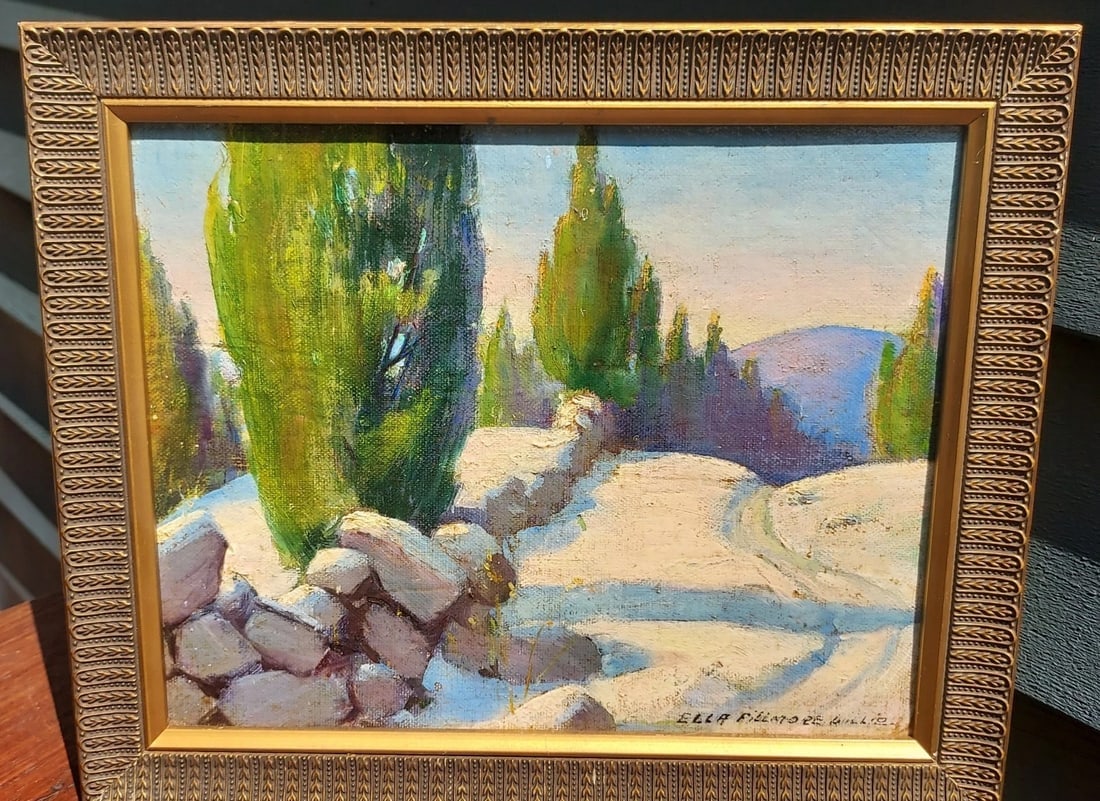 oil painting Winter Hedge Scene Ella Fillmore Lillie (1884-1972) Vermont land: Great looking piece in excellent condition. On board. Mostly known for her lithographs. Studio in Vermont which I am 50 miles away from. . Measures 8 x 10" plus frame. Shipping charges include