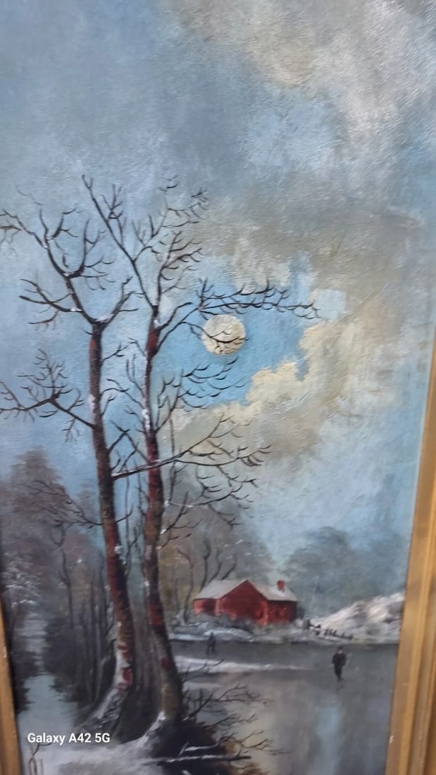 oil painting On Board Moonlight Walk On Ice 19th Century. - 4