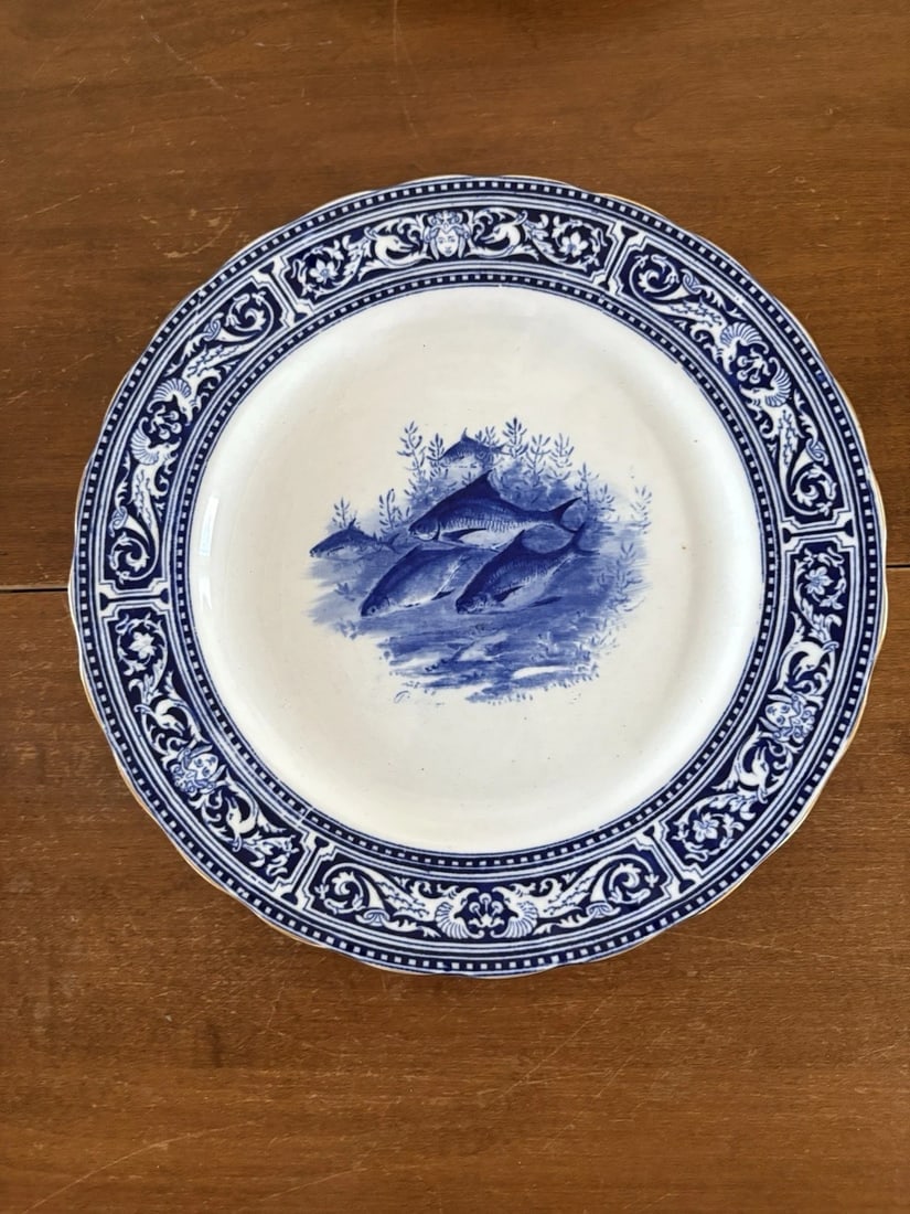 11 Royal Doulton Artist Signed Flow Blue Fish Plates - 9