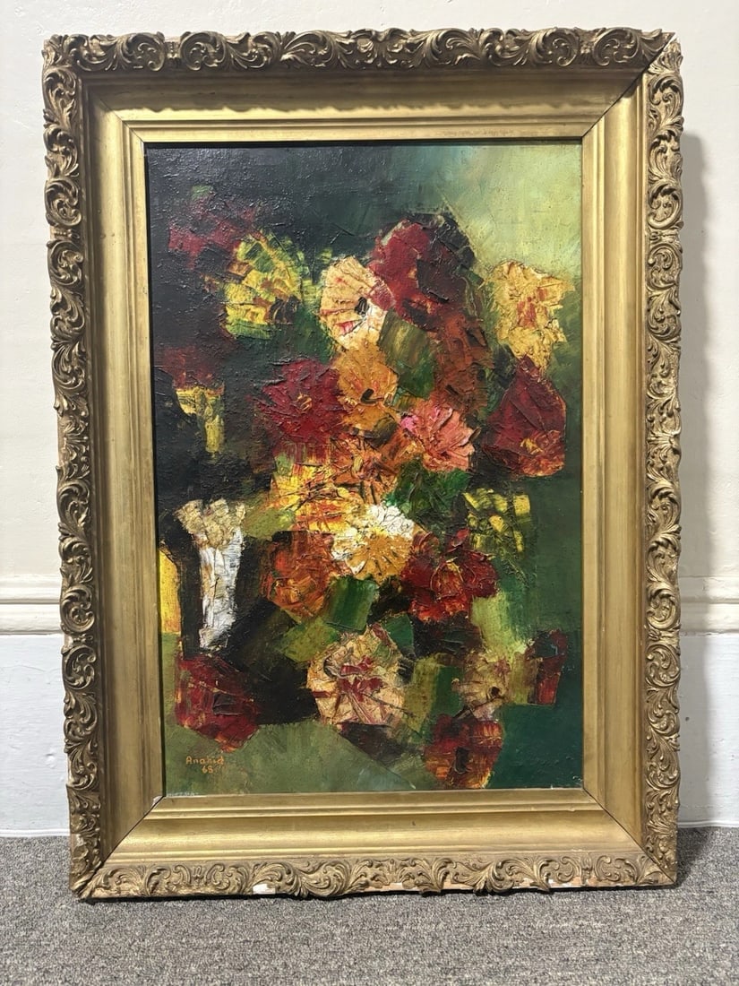 1968 Anahid Oil On Canvas Still Life Painting: The frame measures 29 5/8” x 21 1/2” and the canvas measures 23 3/4” x 16”. It is signed and dated in the lower left hand corner. The canvas is in good condition, the frame is