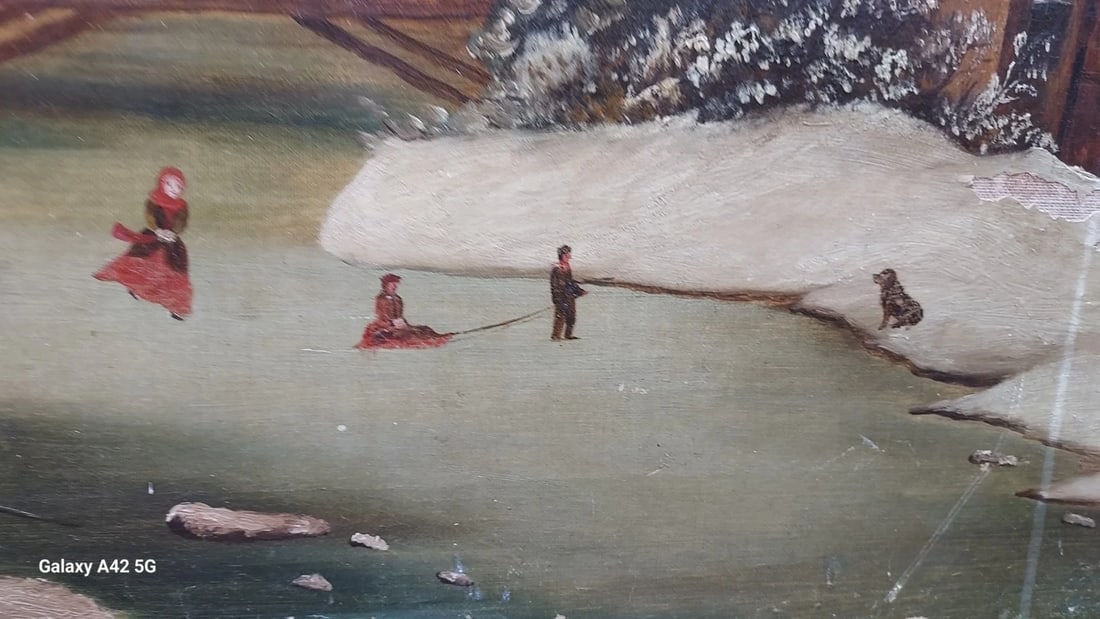 Oil painting Americana Winter Scene Folk Art Ice Skating Dog 19th century - 2