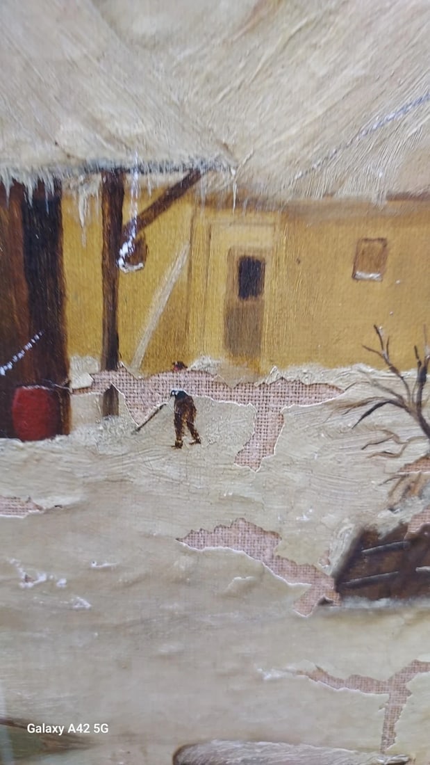 Oil painting Americana Winter Scene Folk Art Ice Skating Dog 19th century - 3