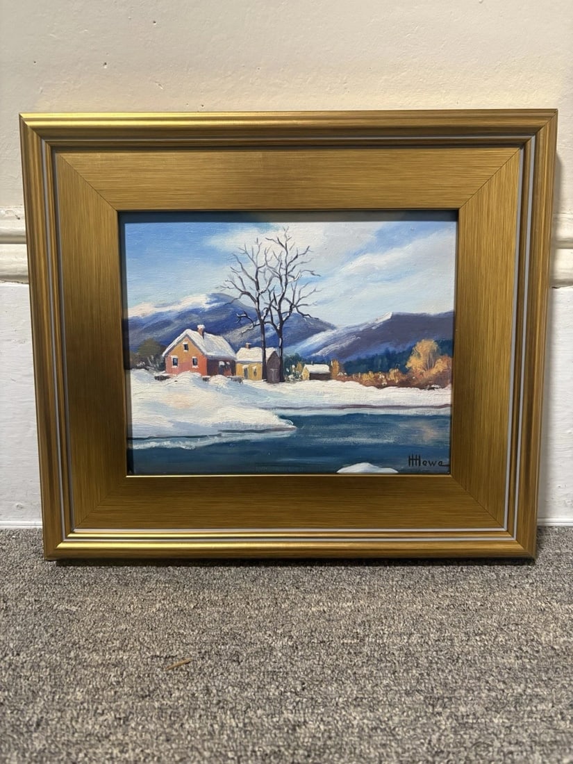 Harry Hambro Howe Oil On Board Landscape Painting: The frame measures 15 1/8” x 13 1/4” x 1 1/4”and the board measures 10” x 8 1/4”. It is artist signed (hh howe/ harry hambro howe 1886-1968 )in the lower right hand