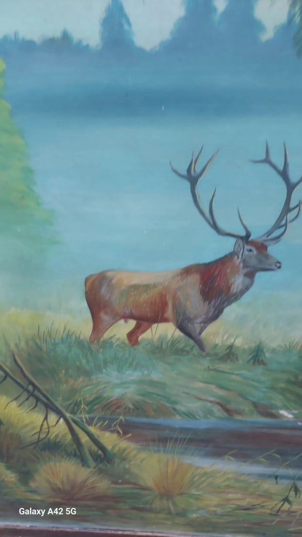 H. Stocks 19th Century Oil Painting Elk With Does: Great looking piece in excellent condition. Guessing from 1920. Measures 23 x 32" with frame. Flimsy frame. Shipping charges include insurance. BID WITH CONFIDENCE AS ALL ITEMS ARE GUARANTEED TO BE