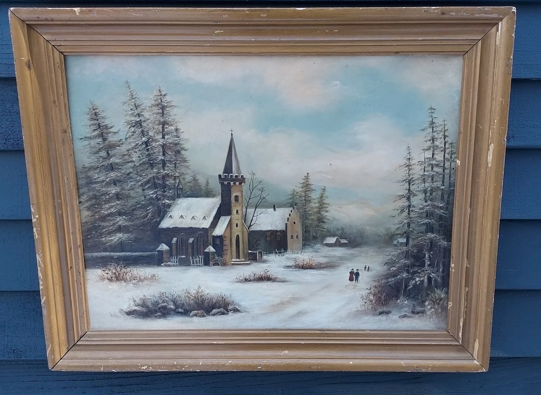 19th Century oil painting Winter Scene Church Near Woods Beautiful Folk Art.: Great looking piece in very good condition. dates to 19th century. Has a small hole and some warping to board. Measures 18 x 24" without frame. Shipping charges include insurance. BID WITH CONFIDENCE