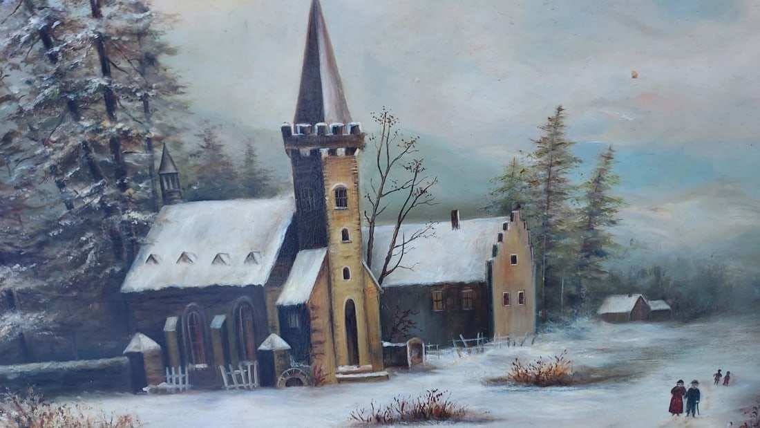 19th Century oil painting Winter Scene Church Near Woods Beautiful Folk Art. - 2