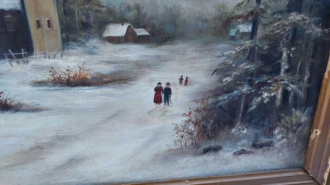 19th Century oil painting Winter Scene Church Near Woods Beautiful Folk Art. - 3