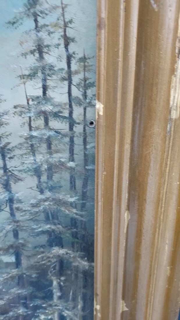 19th Century oil painting Winter Scene Church Near Woods Beautiful Folk Art. - 4