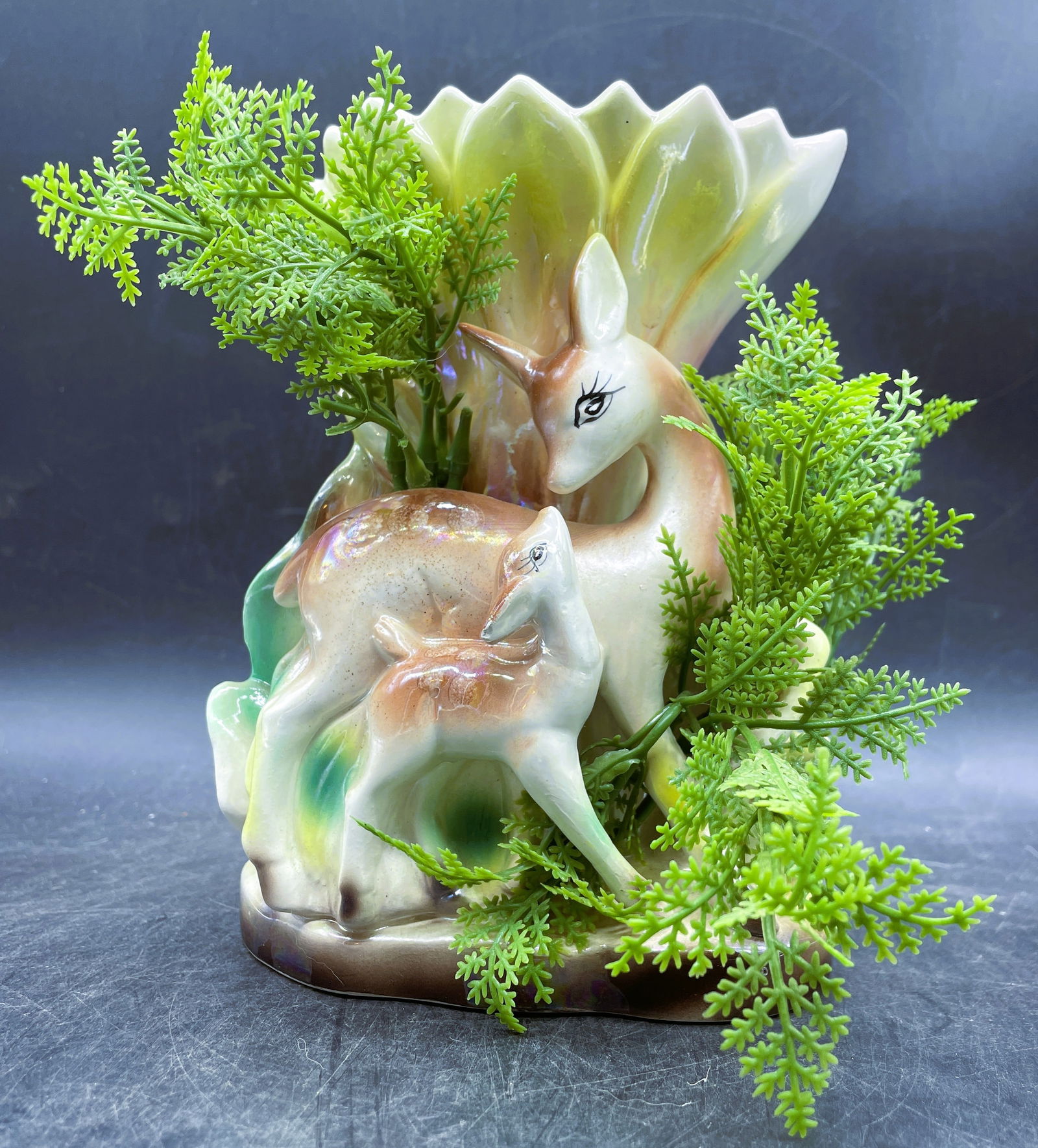 MidCentury Deer and Fawn Planter Japan: Date/Period: Approx. 1950'sDimension: Approx. 7" tall x 5" x 3"Material: ceramicAdditional Information: MidCentury Deer and Fawn Planter Japan Shipping:Domestic: Flat-rate of $11.00 to anywhere