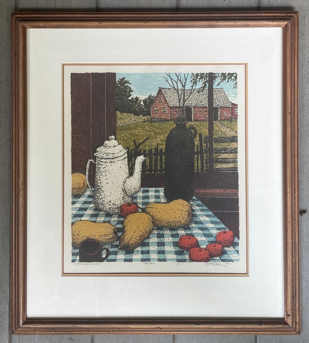 TOM BARTEK SERIGRAPH SUMMER SQUASH 1975: Date/Period: 1975Dimension: Approx 21.5 x 19.5Material: MIXED MATERIALSAdditional Information: TITLED SUMMER SQUASH SIGNED AND NUMBERED 180/250 Shipping:Domestic: Flat-rate of $30.00 to anywhere