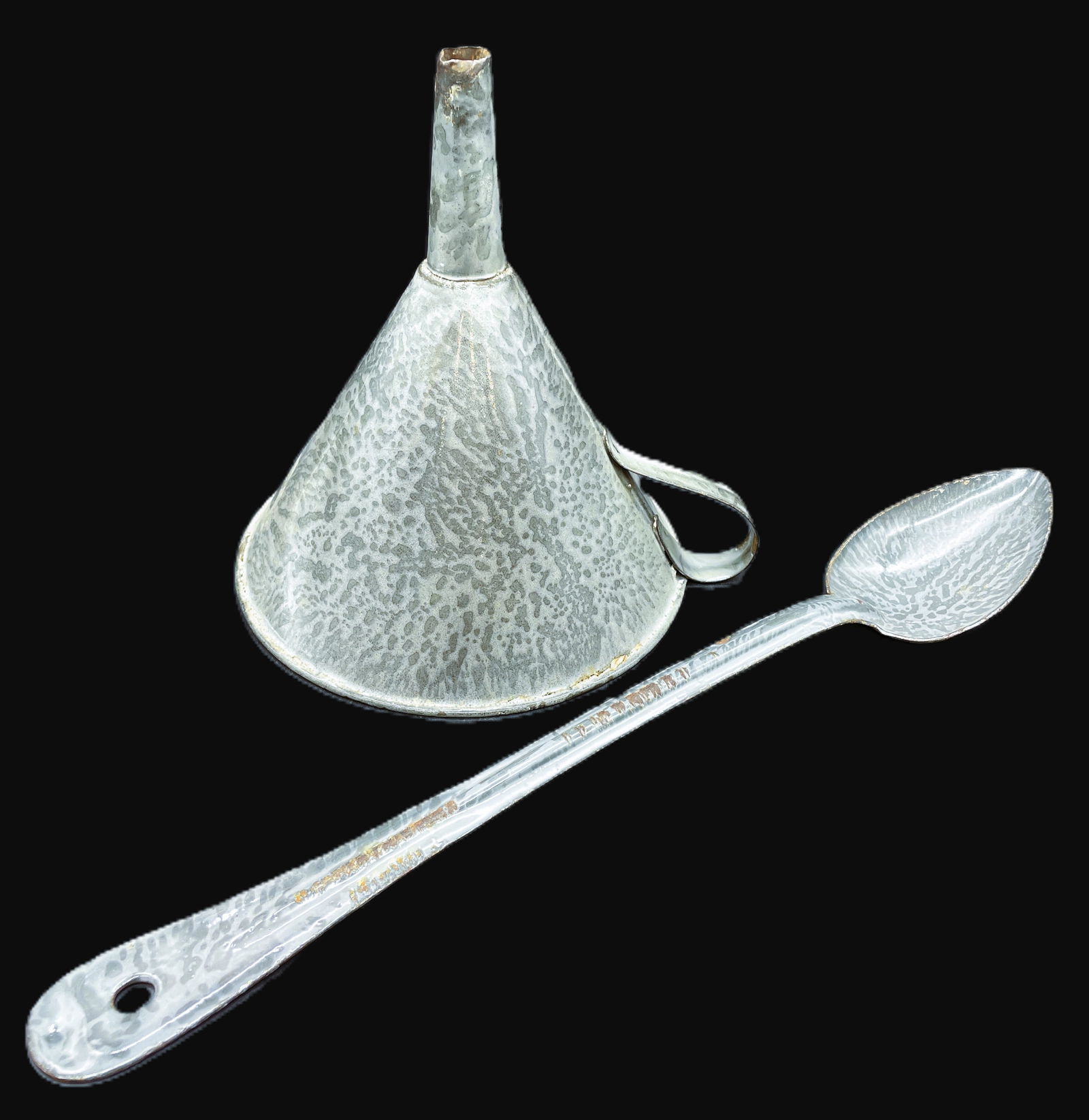 Graniteware ENAMELWARE KITCHEN SPOON AND FUNNEL: Date/Period: APPROX EARLY 1900'S TO 1940'SDimension: funnel 8.25 x 7.25 diameter x 8.5" tall, spoon 15.5" long x 2.5 at widestMaterial: METALAdditional Information: VINTAGE GRAY ENAMELWARE KITCHEN