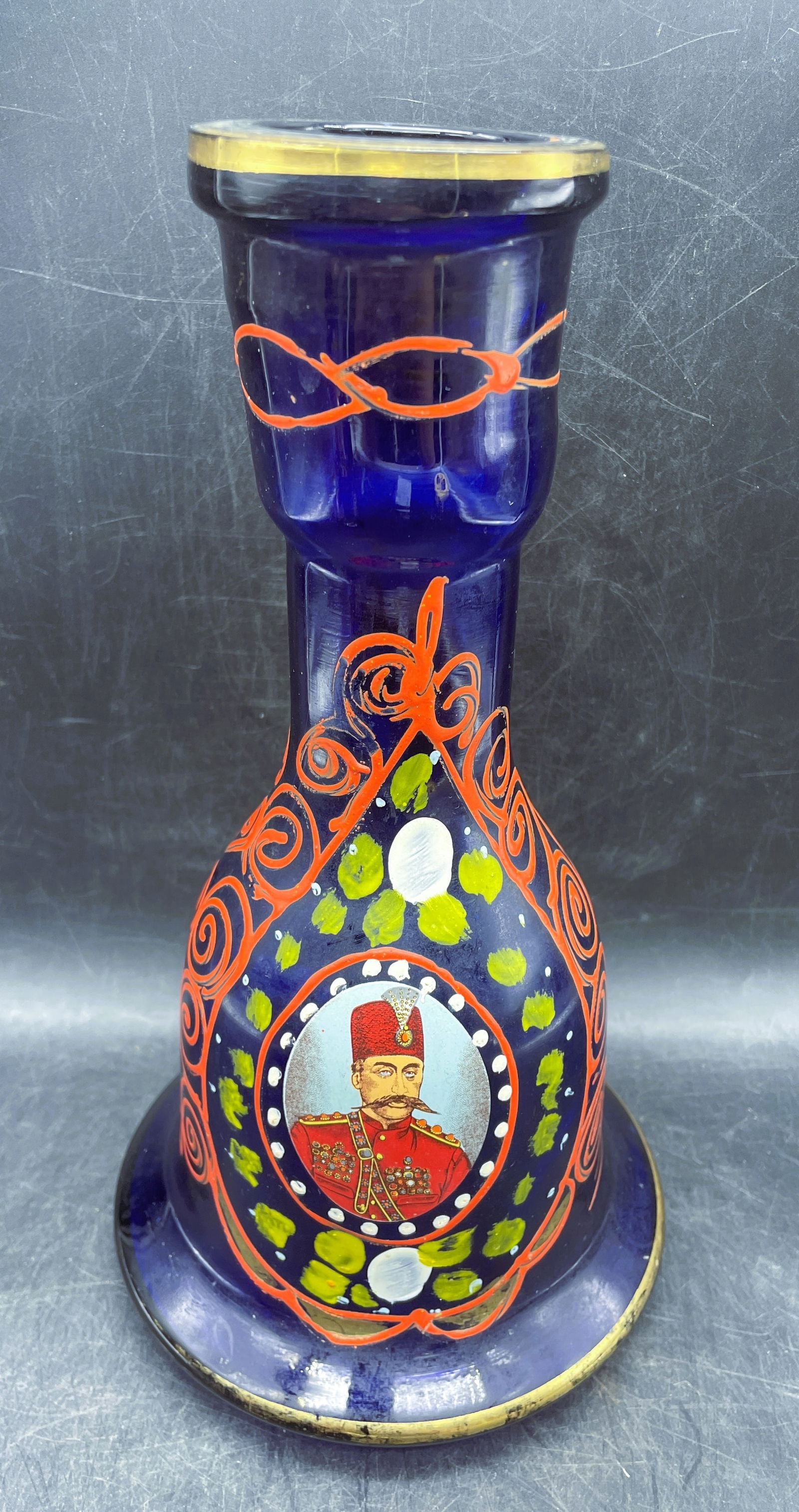 Persian Qajar Cobalt Blue Pipe Hookah Nargileh Shisha Base Glass Vase Naser Shah - 2