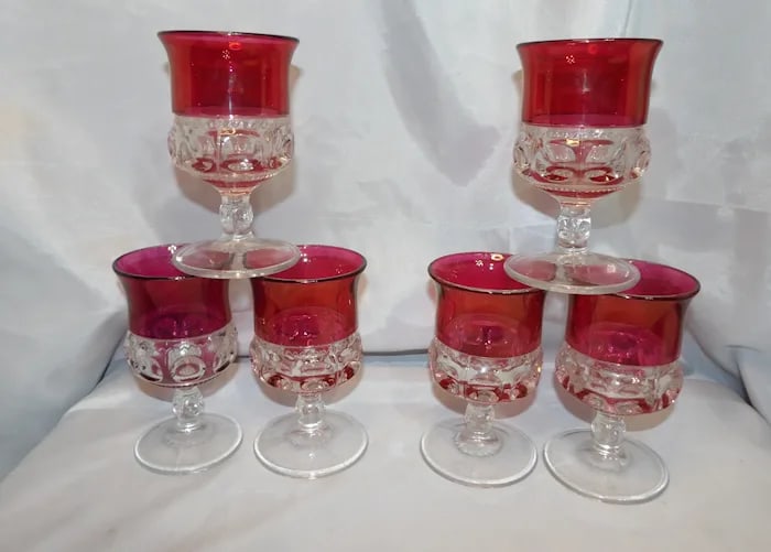 Tiffin Franciscan King's Crown Ruby Flash Comport: Vintage Tiffin Franciscan glass comport in the King's Crown pattern, featuring ruby flash staining and a thumbprint design. Shipping: Domestic: Flat-rate of $23.00 to anywhere within the contiguous U.