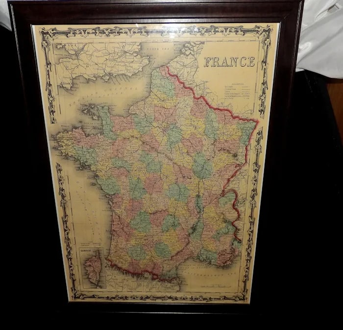 Print Antique French Map Cavallini Print: A decorative wall print featuring an antique-style French map, produced by Cavallini & Co. on high-quality paper. Shipping:Domestic: Flat-rate of $50.00 to anywhere within the contiguous