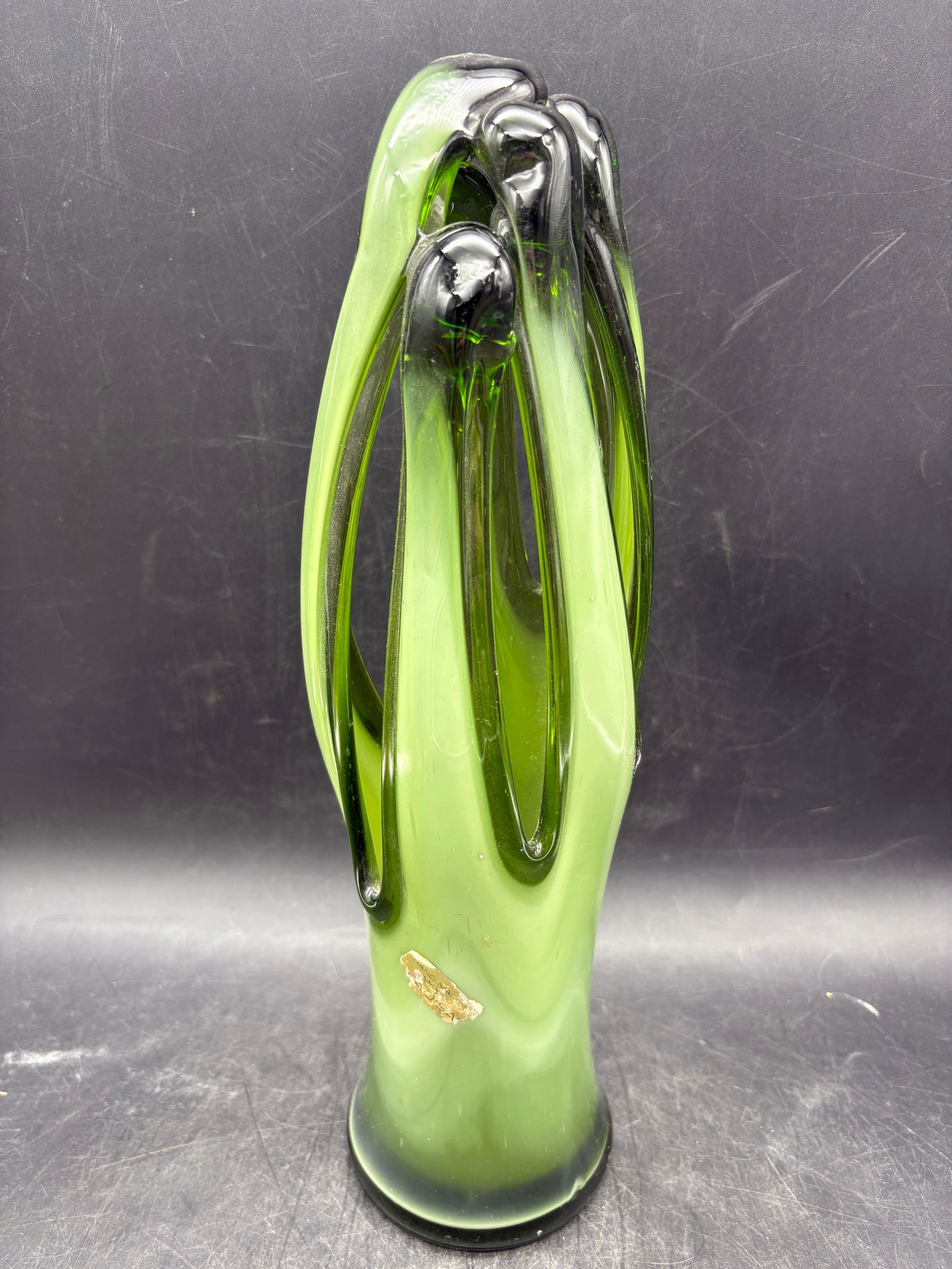 Vintage MAEXSA Hand Blown Green Art Glass Pulled Basket Vase: Date/Period: unknownDimension: Approx. 14" tall x 4"Material: glassAdditional Information: Vintage MAEXSA Hand Blown Green Art Glass Pulled Basket Vase Shipping:Domestic: Flat-rate of $16.00 to