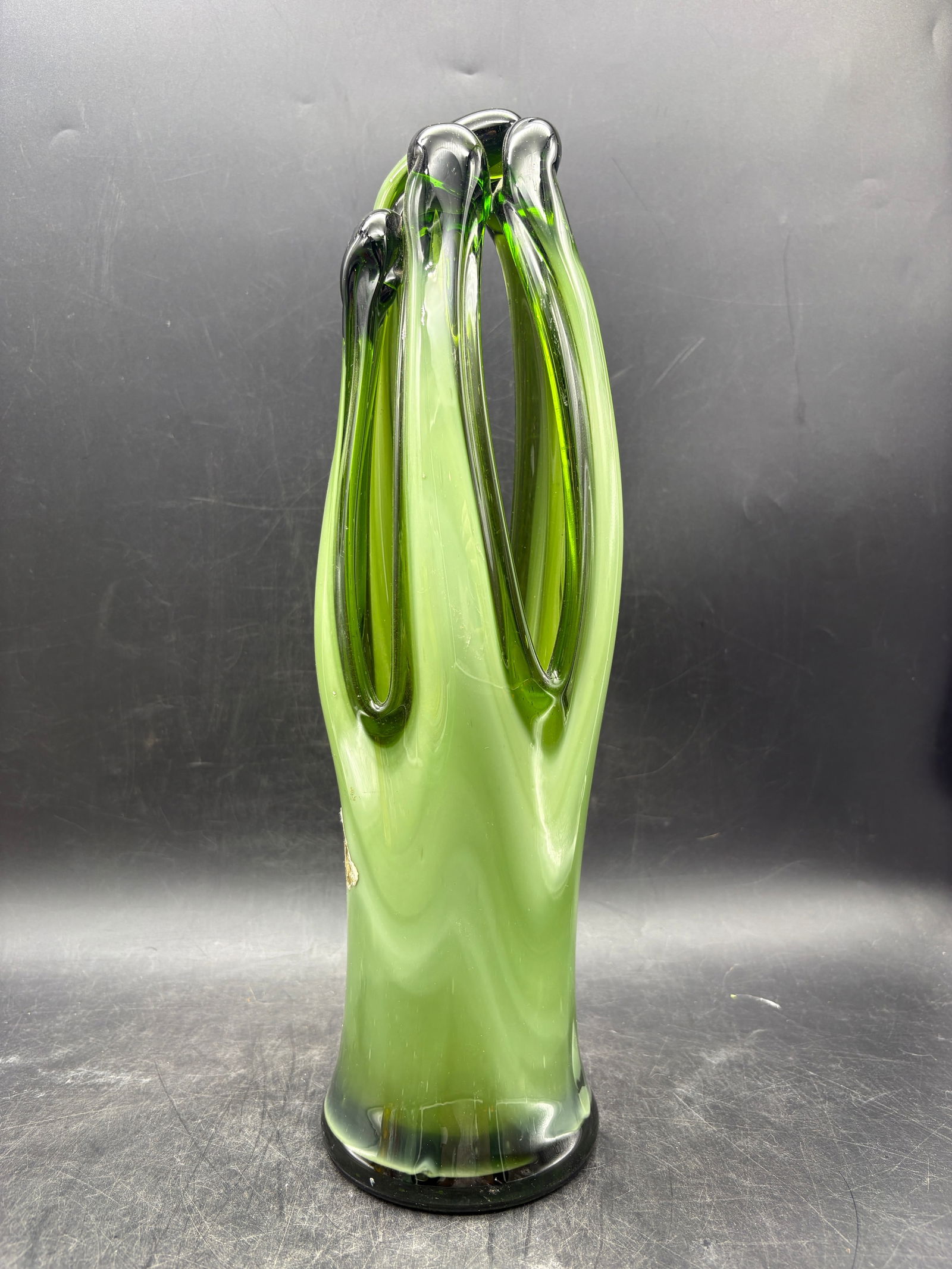 Vintage MAEXSA Hand Blown Green Art Glass Pulled Basket Vase - 6